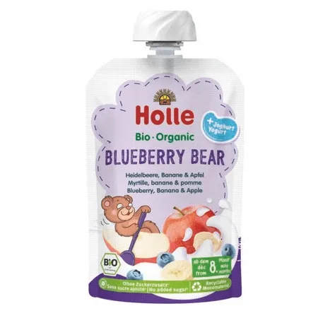 Piure Bio de afine, banane si mere cu iaurt, Blueberry Bear, 8 luni+, 100 g, Holle — preț și oferte