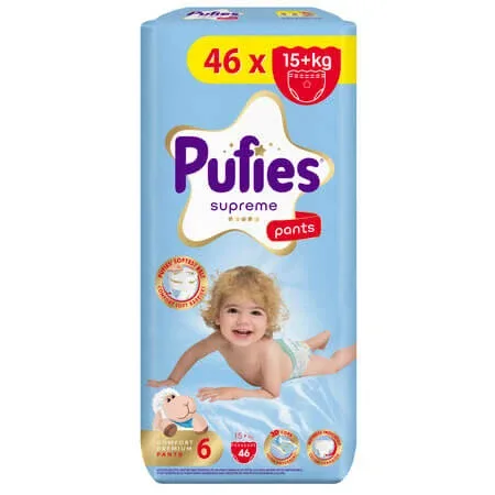 Scutece chilotel Supreme, Nr.6, 15+ kg, 46 buc, Pufies — preț și oferte