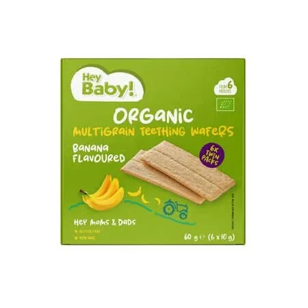Crackers Bio pentru dentitie, cu banane, 6 luni+, 60 g, Hey Baby — preț și oferte