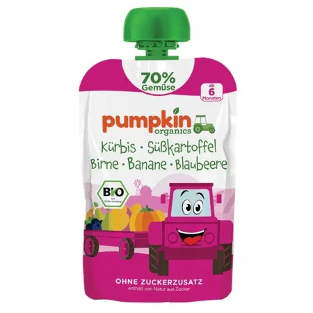 Piure Bio din Dovleac, Cartof Dulce, Banane si Afine, 6 luni+, 100 g, Pumpkin Organics — preț și oferte