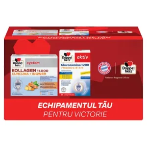 Pachet Kollagen 11000 Curcuma + Ghimbir si Glucozamina 1200, 30 flacoane + 30 comprimate, Doppelherz