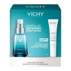 VICHY Promo Mineral 89 Eyes Cremă hidratantă pentru ochi, 15 ml & Cadou Capital Soleil UV-AGE Cremă de protecție solară pentru față împotriva îmbătrânirii cauzate de soare SPF50+, 15 ml, 1 set