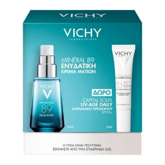 VICHY Promo Mineral 89 Eyes Cremă hidratantă pentru ochi, 15 ml & Cadou Capital Soleil UV-AGE Cremă de protecție solară pentru față împotriva îmbătrânirii cauzate de soare SPF50+, 15 ml, 1 set — preț și oferte