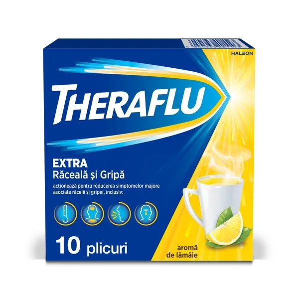 Theraflu Extra raceala si gripa 650 mg/20 mg/10 mg, Haleon | 10 plicuri HALEON ROMANIA S.R.L — preț și oferte