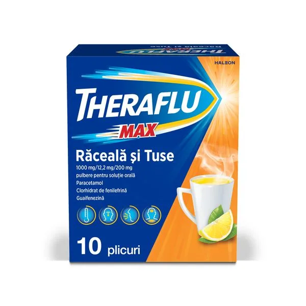 Theraflu Max raceala si tuse 1000 mg/12,2 mg/200 mg, Haleon | 10 plicuri HALEON ROMANIA S.R.L — preț și oferte