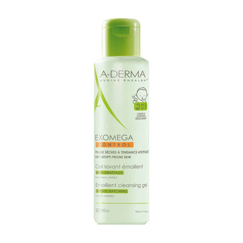 A-DERMA Exomega Control Gel emolient de curățare 2 în 1 împotriva senzației de mâncărime, pentru păr și corp, 500 ml — preț și oferte