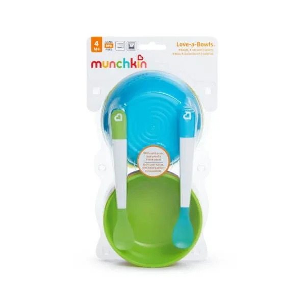 Munchkin | Love-a-Bowls 4 boluri cu capac și 2 linguri, pentru copii de la 4 luni | 4 buc. — preț și oferte