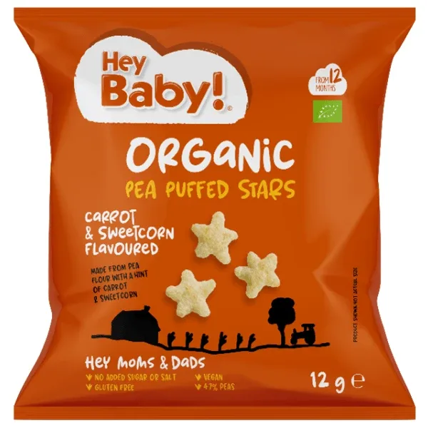 Hey Baby! | Steluțe de porumb organic expandat cu aromă de morcov și porumb dulce | 12 g — preț și oferte