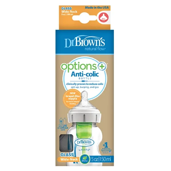 Dr. Brown's | Options+ Anti-Colic Biberon din sticlă cu gât larg și tetină din silicon 0m+ | 150 ml — preț și oferte