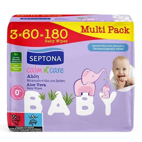 Septona | Calm n' Care Aloe Vera Șervețele umede pentru bebeluși cu aloe vera | 3 x 60 buc. — preț și oferte