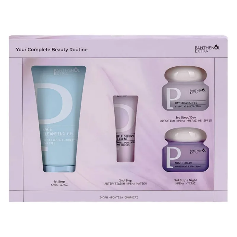 Pachet promoțional Panthenol Extra cu gel de curățare pentru față 150 ml, cremă pentru ochi Triple Defense 25 ml, cremă de zi SPF15 50 ml și cremă de noapte 50 ml — preț și oferte