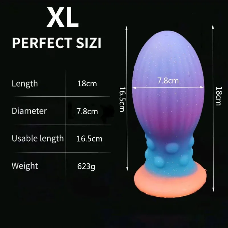 Plug anal în formă de ou din silicon, de dimensiuni foarte mari, care strălucește în întuneric, cu ventuză, 18 x 7,8 cm – Multicolor — preț și oferte