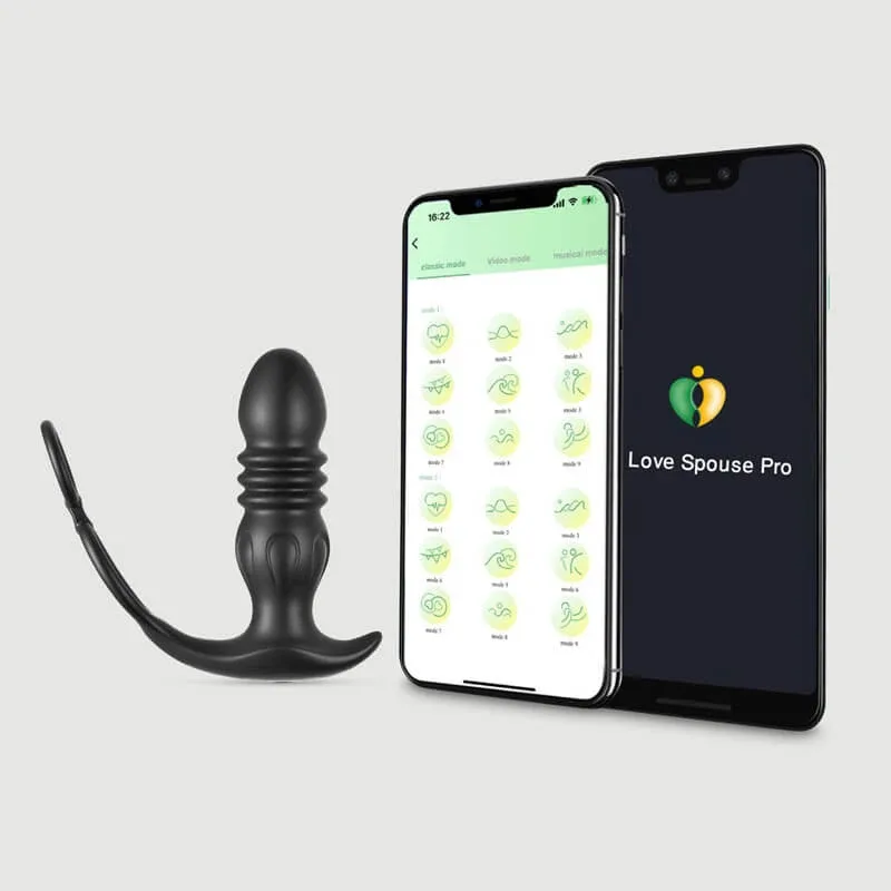 Vibrator din silicon pentru prostată cu acțiune de împingere, controlat prin aplicația Power Thruster, prevăzut cu inel pentru penis – Negru — preț și oferte
