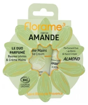 Florame Duo-ul parfumat cu migdale: balsam de buze 15 ml + cremă de mâini 30 ml, produse ecologice