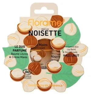Florame Duo-ul parfumat cu aromă de alune: balsam de buze 15 ml + cremă de mâini 30 ml, produse ecologice