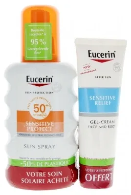 Eucerin Sun Protection Sensitive Protect Spray de protecție solară SPF50+ 200 ml + Gel-cremă după expunerea la soare Relief 50 ml cadou — preț și oferte