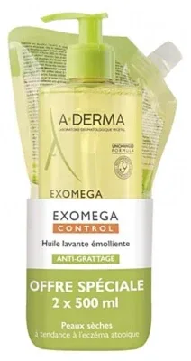 A-DERMA Exomega Control Ulei de curățare emolient anti-mâncărime 500 ml + Rezerve 500 ml