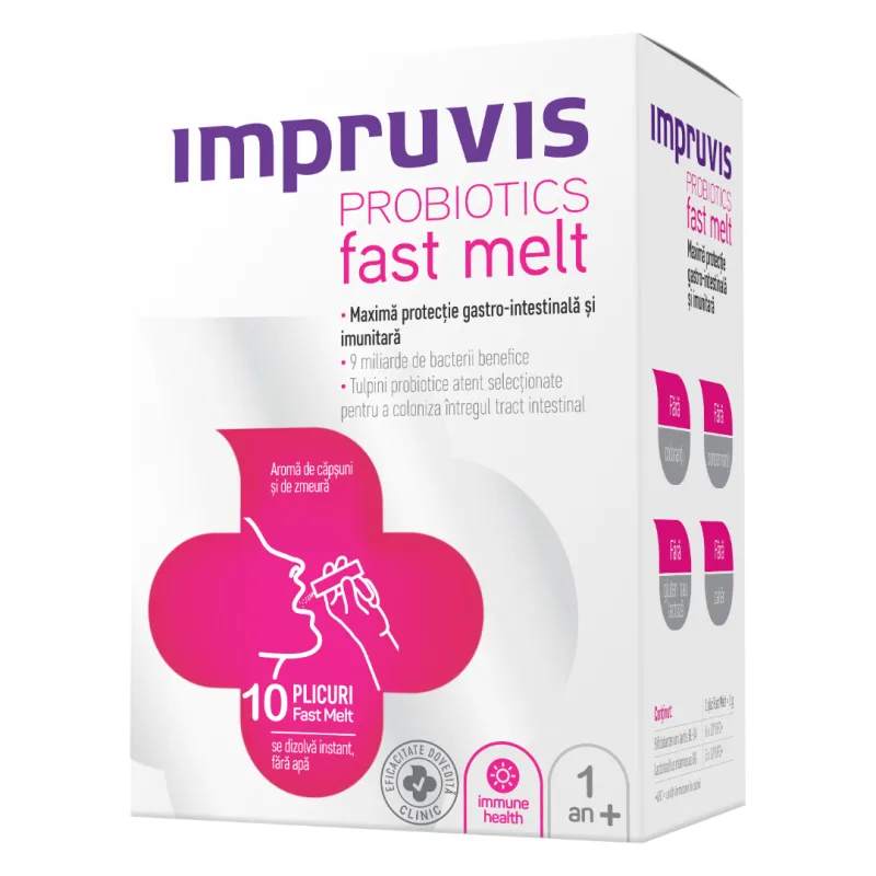 Probiotic Fast Melt cu aroma de capsuni si zmeura, 10 plicuri, Impruvis — preț și oferte