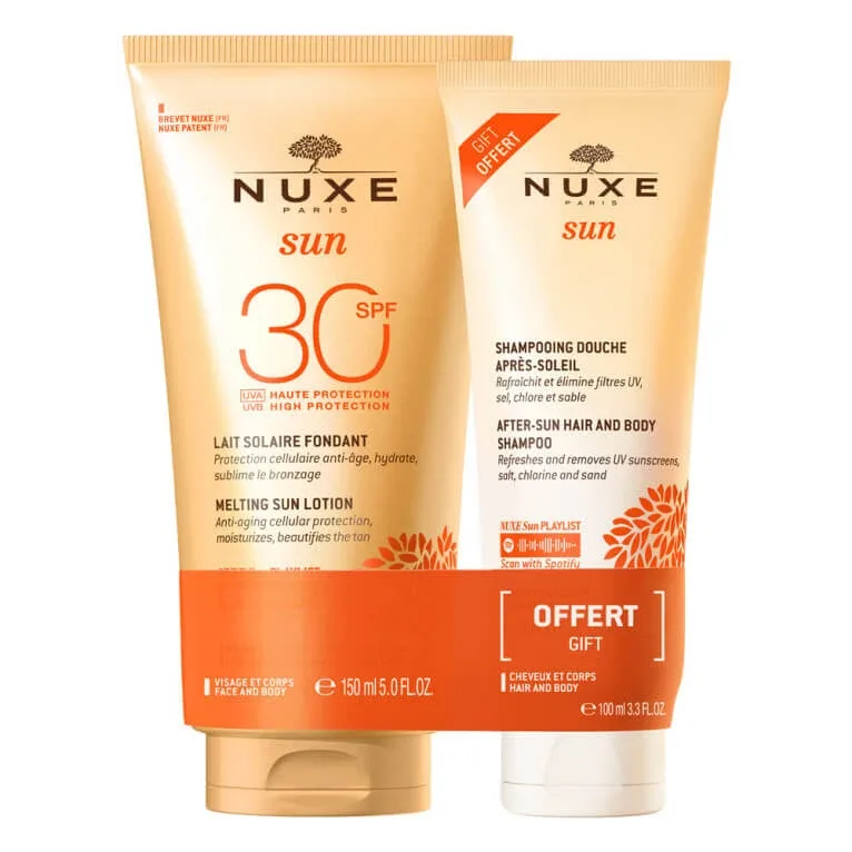 NUXE SUN LOIUNE SOLARĂ CREMOASĂ SPF30 150ML + ȘAMPON-GEL DE DUȘ DUPĂ EXPUNERE LA SOARE 100ML — preț și oferte