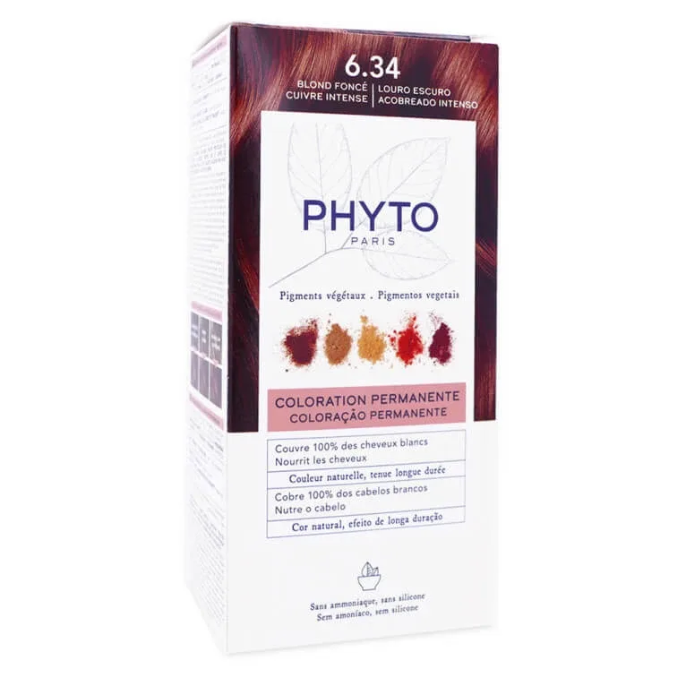 VOPSEA DE PĂR PERMANENTĂ BLOND ÎNCHIS CU NUANȚĂ INTENSĂ DE CUPRU 6.34 Phyto — preț și oferte
