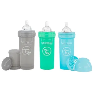 TWISTSHAKE SET DE 3 BIBEROANE ANTI-COLICI DE 260 ML, GRIS, VERDE, ALBASTRU
