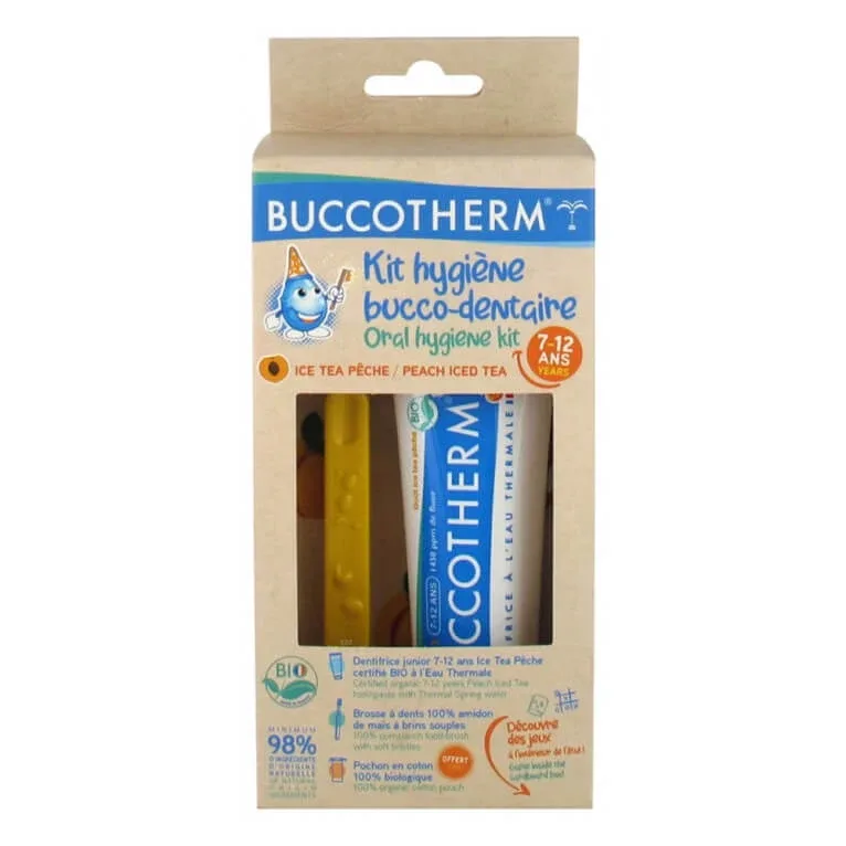 BUCCOTHERM KIT DE IGIENĂ ORALĂ 7-12 ANI BIO, AROMĂ ICE TEA CU PIERSICĂ — preț și oferte