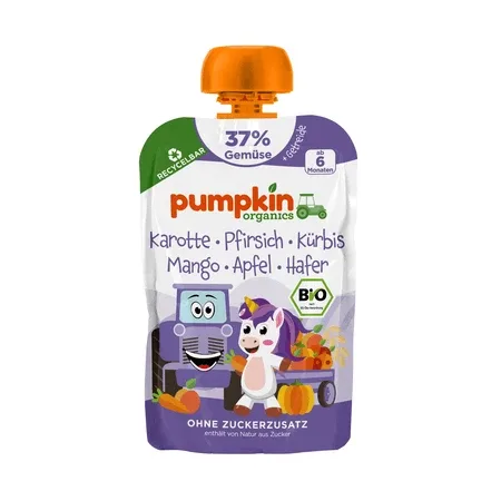 Piure Bio din Morcov, Piersica, Dovleac, Mango, Mar si Ovaz, 6 luni+, 100 g, Pumpkin Organics — preț și oferte