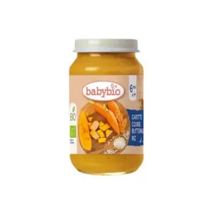 Piure Bio de morcov, dovleac si orez, 6 luni+, 200 g, BabyBio