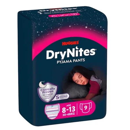 Scutece de noapte Pants DryNites, 30-48 kg, Fetite, 8-13 ani, 9 bucati, Huggies — preț și oferte