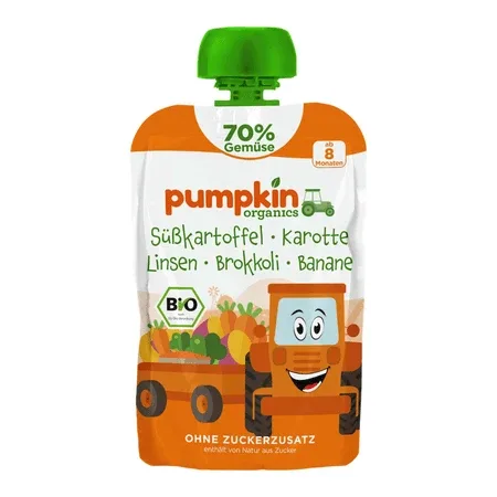 Piure bio de cartof dulce, morcov, linte, broccoli si banane, 8 luni+, 100 g, Pumpkin Organics — preț și oferte