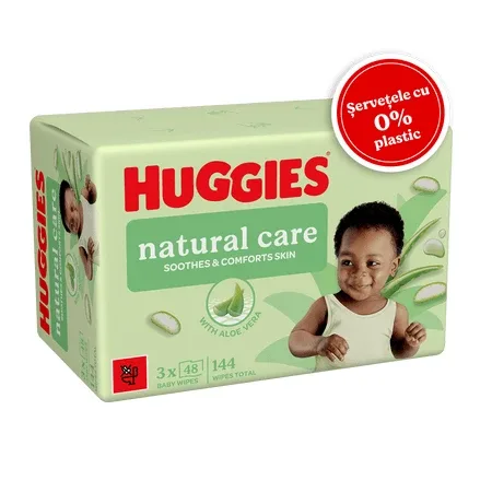 Servetele umede fara plastic Natural Care, Aloe Vera, 3 x 48 bucati, Huggies — preț și oferte