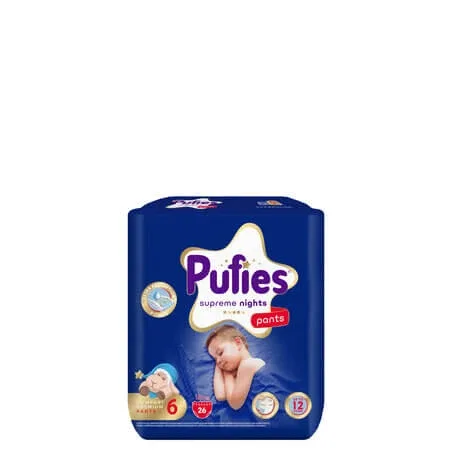 Scutece chilotel de noapte Supreme night, Nr.6, 15+ kg, 26 buc, Pufies — preț și oferte