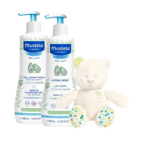 Pachet Gel de curatare delicat pentru par si corp si Lotiune de corp Hydra Bebe, 2 x 500 ml, Mustela — preț și oferte