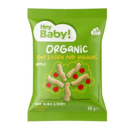 Pufuleti Bio din ovaz cu porumb si aroma de mere, 12 luni+, 35 g, Hey Baby — preț și oferte