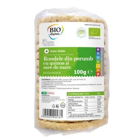 Rondele Eco din porumb cu quinoa si sare de mare, 100 g, Bio All Green — preț și oferte