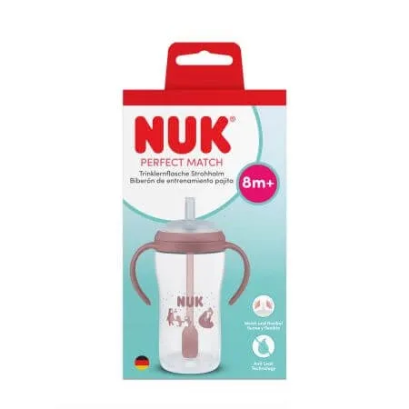 Cana de tranzitie cu toarte si pai Perfect Match, Roz, 8 luni+, 260 ml, Nuk — preț și oferte