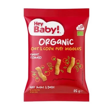 Pufuleti Bio din ovaz cu porumb si aroma de rosii, 12 luni+, 35 g, Hey Baby — preț și oferte
