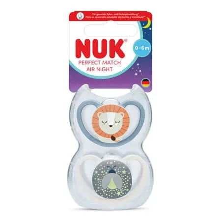 Set suzeta Perfect Match Air Night, Leu/Buburuza, 0-6 luni, 2 bucati, Nuk — preț și oferte