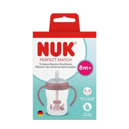 Cana de tranzitie cu toarte si pai Perfect Match, Roz, 8 luni+, 150 ml, Nuk — preț și oferte