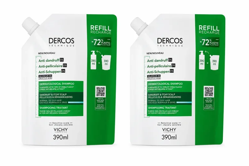 Rezerva eco sampon anti-matreata pentru par normal-gras Dercos, 2x390 ml, Vichy — preț și oferte