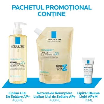 Pachet Ulei de Spalare Lipikar AP+ si Rezerva + Lipikar Baume Light AP+M 15 ml, La Roche-Posay | 400ml+400ml+15ml — preț și oferte