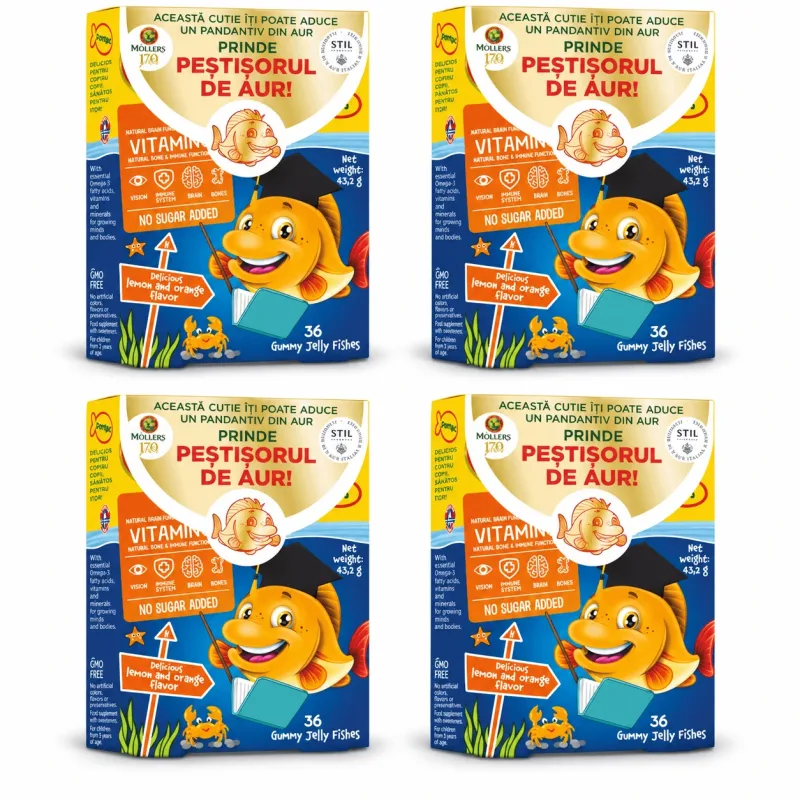Peștișori gumați cu Omega 3 și aromă de lămâi și portocale, 4x36 jeleuri, Möller's — preț și oferte