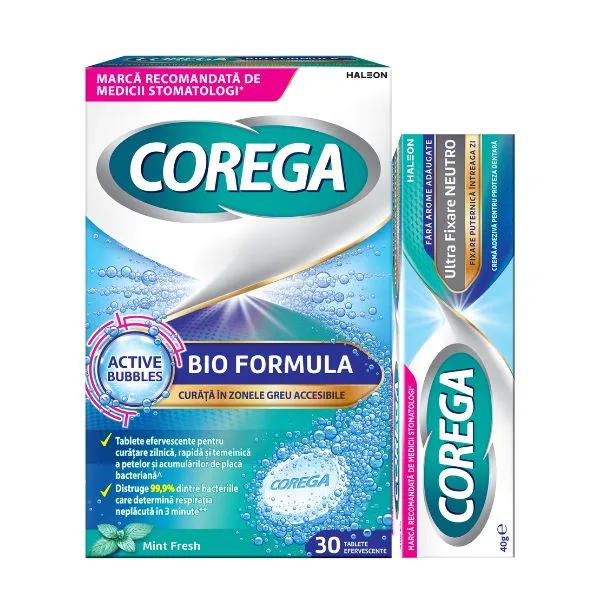 Pachet Crema adeziva proteza Corega Neutro 40g + Tablete Efervescente Bio Formula 30 buc, Haleon | pachet crema 40 gr + 30 buc tablete efervescente — preț și oferte