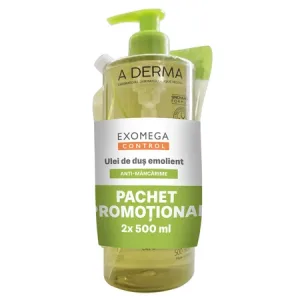 Pachet Ulei de dus emolient + Rezerva Ulei de dus emolient Exomega Control, 500 ml + 500 ml, A-Derma