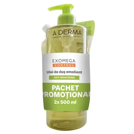Pachet Ulei de dus emolient + Rezerva Ulei de dus emolient Exomega Control, 500 ml + 500 ml, A-Derma — preț și oferte