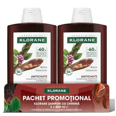 Pachet Sampon cu chinina si floare de colt, 2x400 ml, Klorane — preț și oferte
