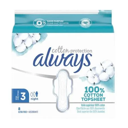 Absorbante de noapte din bumbac Night Cotton Protection, Marimea 3, 8 bucati, Always — preț și oferte