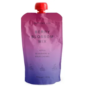 Piure pasteurizat cu mere, afine si visine Berry Blossom Mix, 180 g, Nutrino Lab