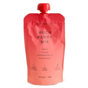 Piure pasteurizat cu mere, piersici, capsuni si zmeura Much Berry Mix, 180 g, Nutrino Lab