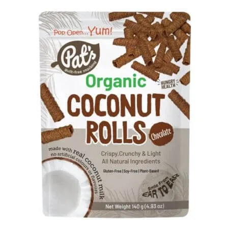 Rulouri crocante organice din nuca de cocos cu ciocolata, 140 g, Pat’s — preț și oferte